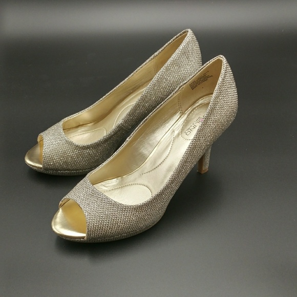 Gold Glitter Peep Toe Pumps - Picture 1 of 8